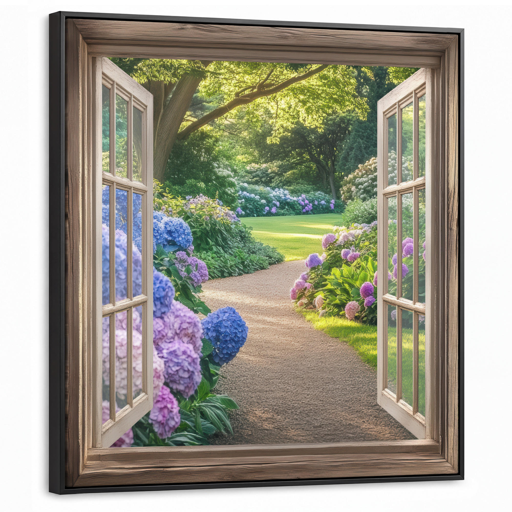 LEINWAND Bilder mit Rahmen - Aussicht - Garten - Fenster - Hortensie - Blumen - 90x90 - Pastellblau, Textil (90/90cm) - MuchoWow
