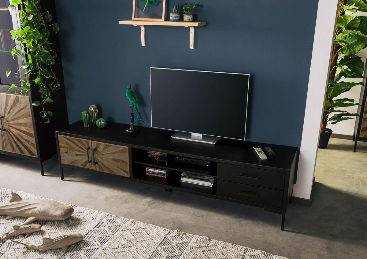 TV-BOARD Sheesham 210x45x50 schwarz lackiert SUN #107 - Schwarz, Holz (210/50/45cm) - Massivmoebel24