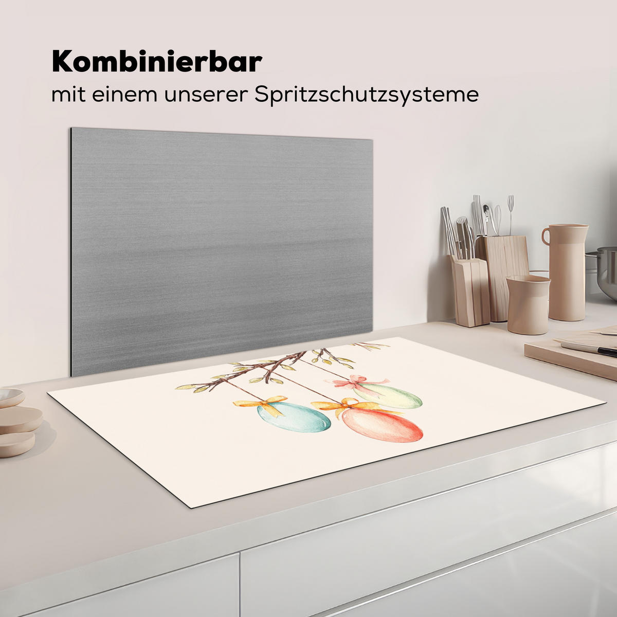 HERDABDECKPLATTE Osterkuchen - Schleife - Eier Ceranfeldabdeckung 90x52 cm - Creme, Kunststoff (90/52/0.2cm) - MuchoWow