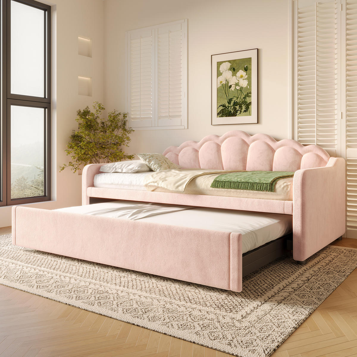 TAGEBETT 90x200cm + 180x200cm Rosa Samt Ausziehbett LED-Streifen - Pink, Holz (180/200cm) - FLIEKS