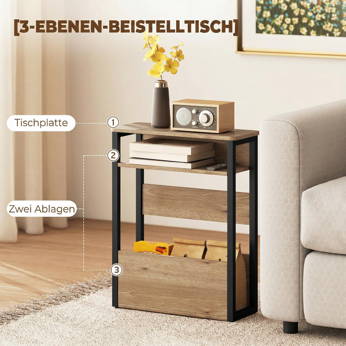 BEISTELLTISCH Walnussfarben und Schwarz 46/18/58,5 cm - Walnussfarben, Holzwerkstoff (18/46/58.5cm) - PANGIVO