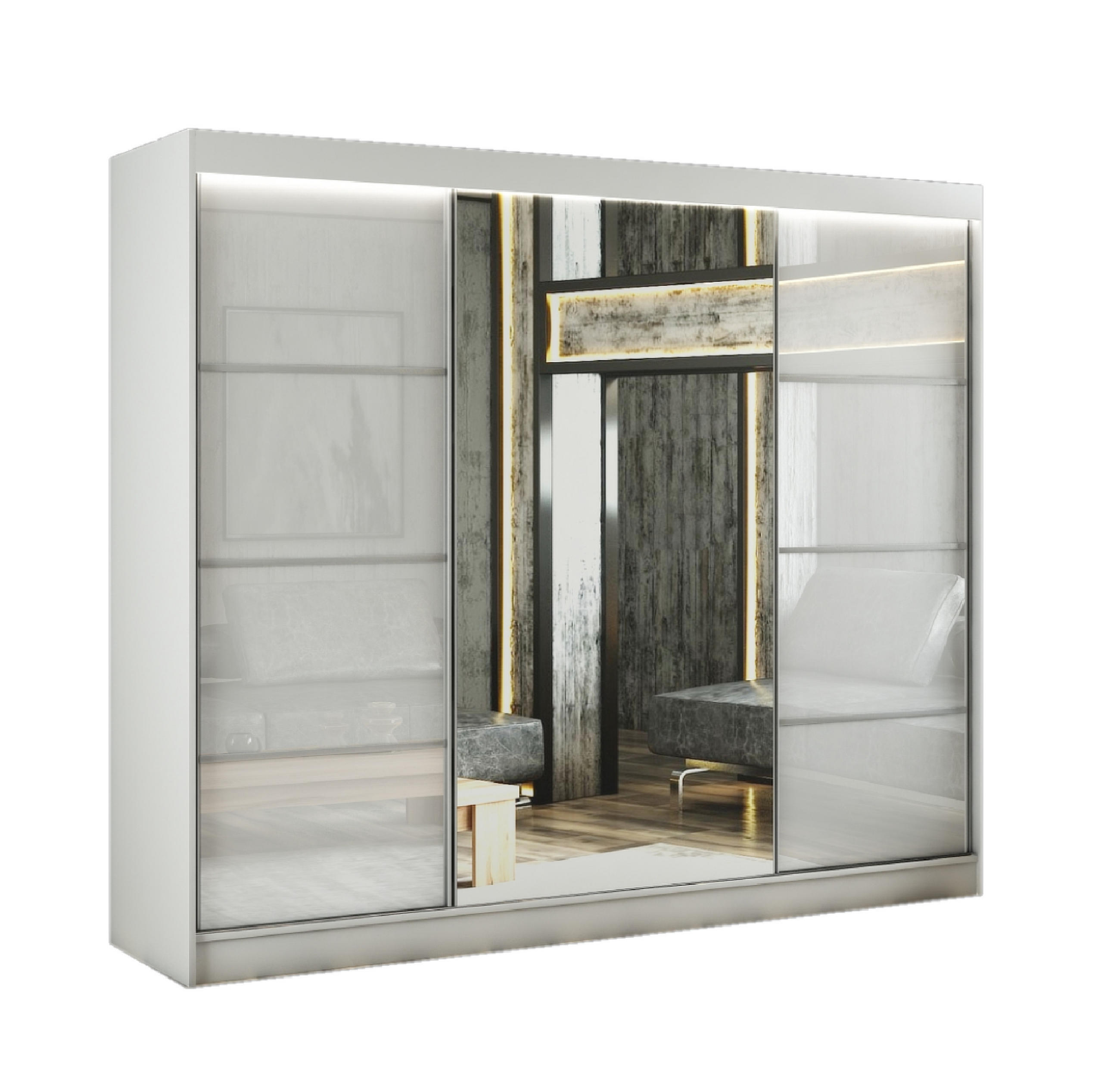 SCHWEBETÜRENSCHRANK Venus III 250 cm mit Spiegel 3-türig, weiß, lacobel weiß - Weiß, Kunststoff (250/215/61cm) - Margaret Hadas24