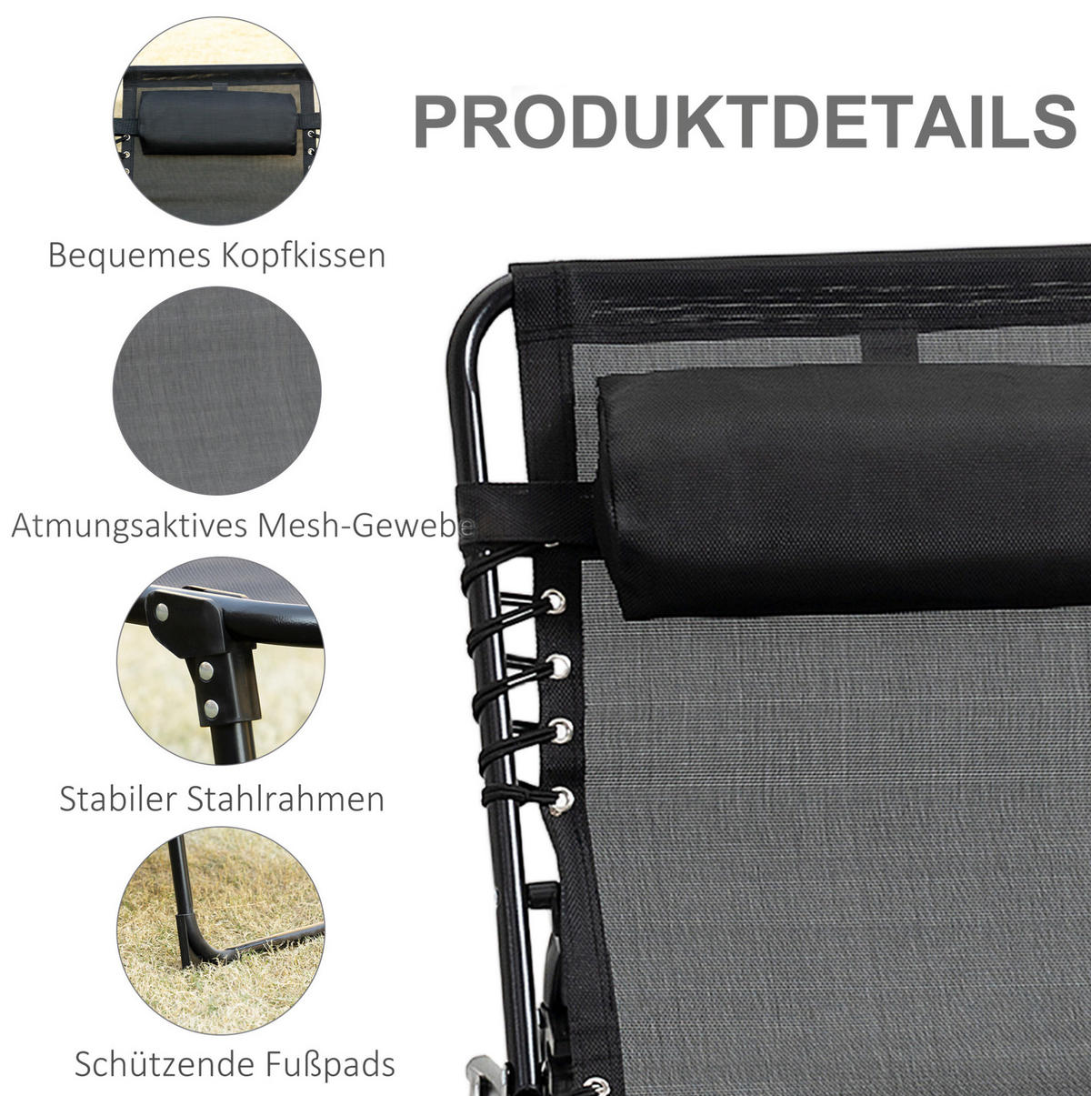 SONNENLIEGE aus Stahl 185x58x30 cm in Schwarz mit Kopfkissen & Seitentasche - Schwarz, Metall (58/30/185cm) - Modfu