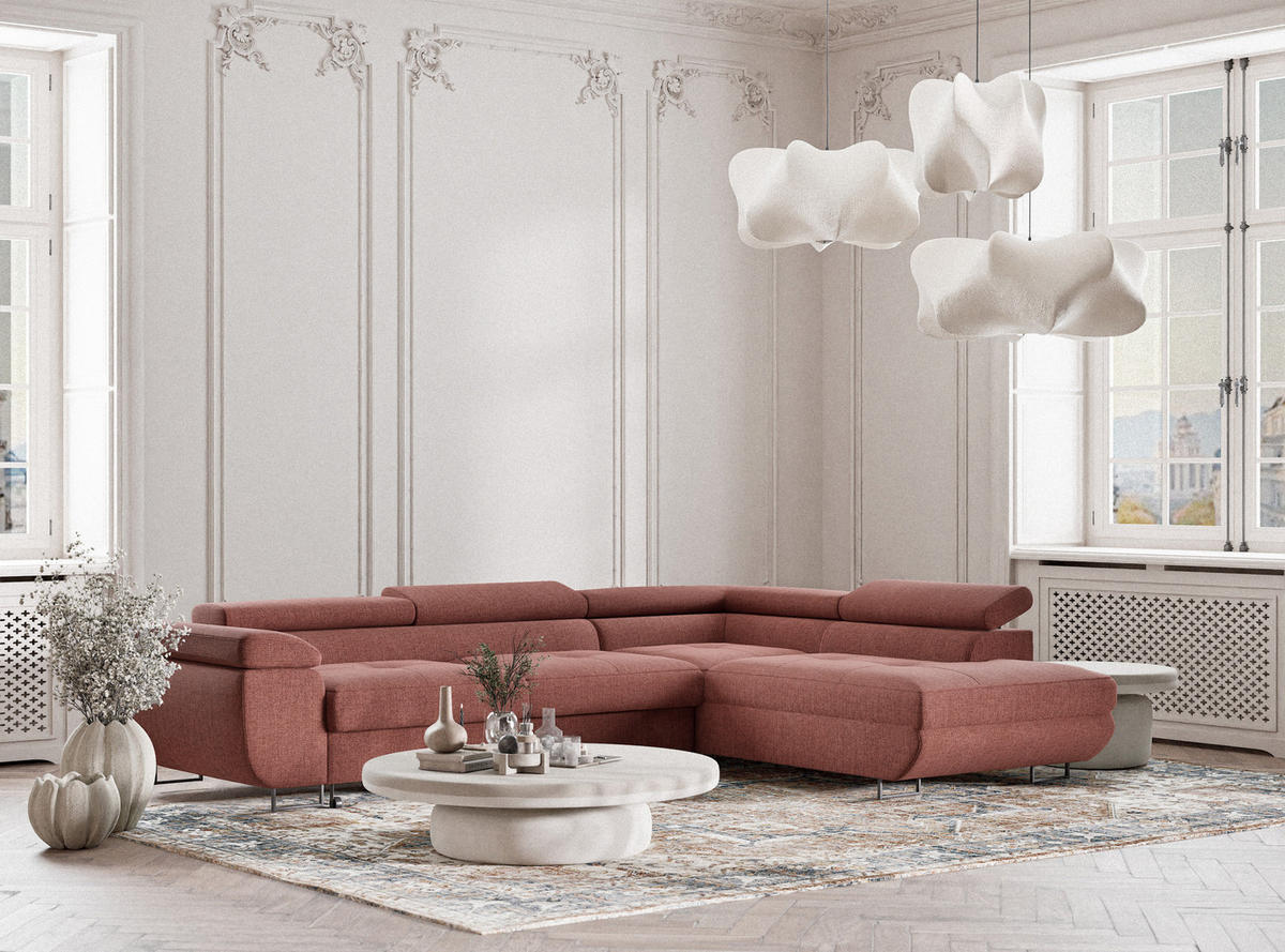 ECKSOFA Concord Korallenfarbe Webstoff - Rechts Seite - Koralle/Schwarz, Holz/Holzwerkstoff (277/203cm) - Maison de Reve