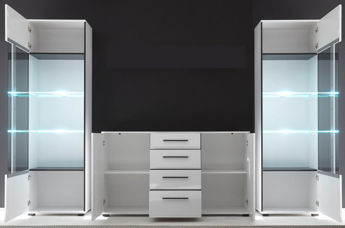 WOHNWAND weiß Hochglanz 3-teilig 290 cm, Anbauwand mit Soft-Close - Weiß Hochglanz/Schwarz, Glas/Holzwerkstoff (290/200/42cm) - Furn.Design