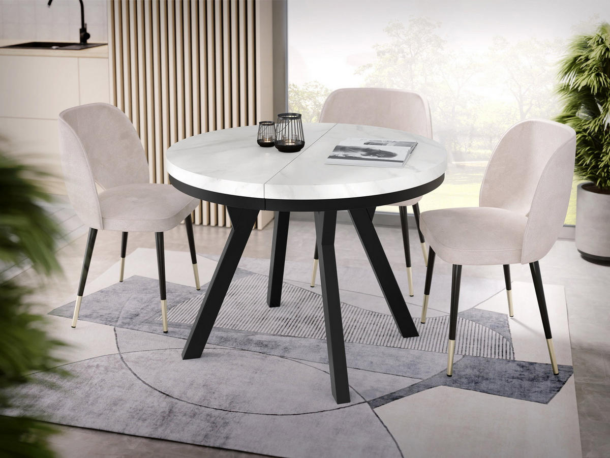 ESSTISCH Lume runder ausziehbarer, Weißer Marmor 100-150/100/76 cm - Ecru/Schwarz, Holz/Holzwerkstoff (100/150/76cm) - WFL GROUP