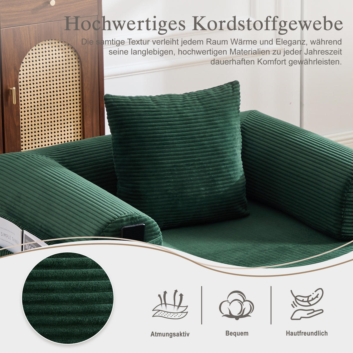 SOFA Cord Smaragdgrün mit Hocker und Kissen - Smaragdgrün, Textil/Metall (112/67/190cm) - WISHDOR
