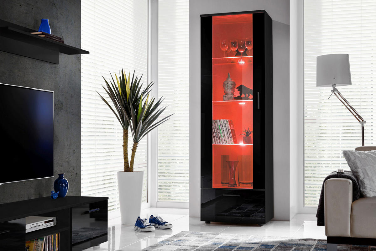 VITRINE ALESSANDRIA, Schwarz, LED Mehrfarbige - Schwarz, Glas/Holzwerkstoff (60/192/42cm) - Komodee