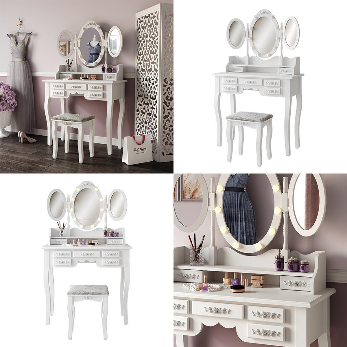 SCHMINKTISCH Diana Weiß 90 cm mit Beleuchtung und Hocker - Weiß, Holzwerkstoff (90/147/40cm) - Vicco