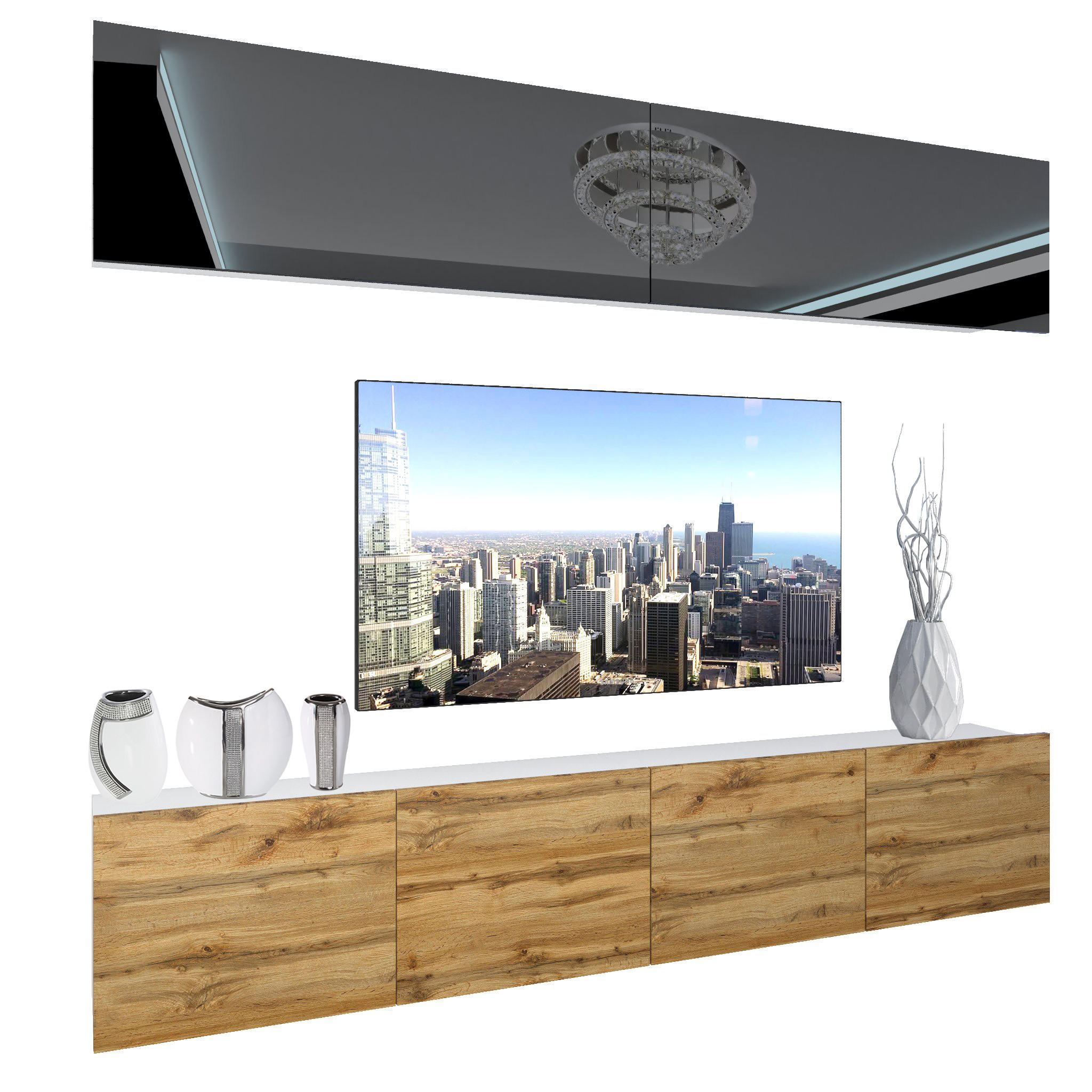 WOHNZIMMERWAND Schrankwand mit LED Schwarz / Eiche Wotan - Schwarz/Braun, Holz (200/180/36cm) - B BELINI GROUP