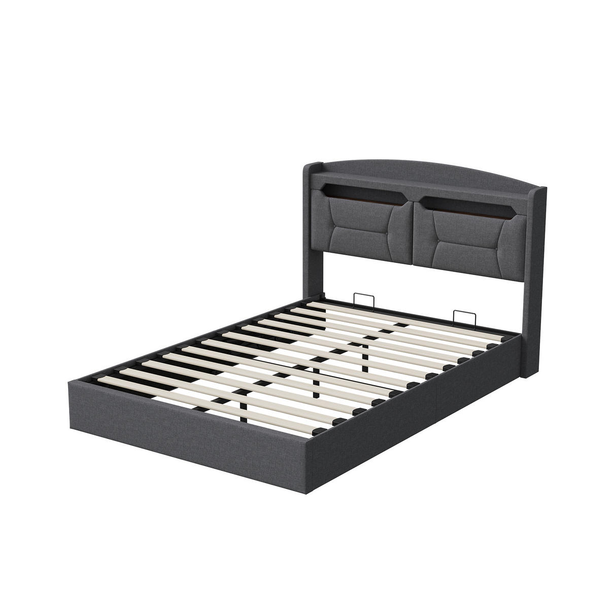 POLSTERBETT 140x190 cm Grau mit Stauraum, hydraulischem Bettkasten, LED Beleuchtung, Kopfteil mit Ablage und Steckdosen - Grau, Metall (140/190cm) - EuroLiving