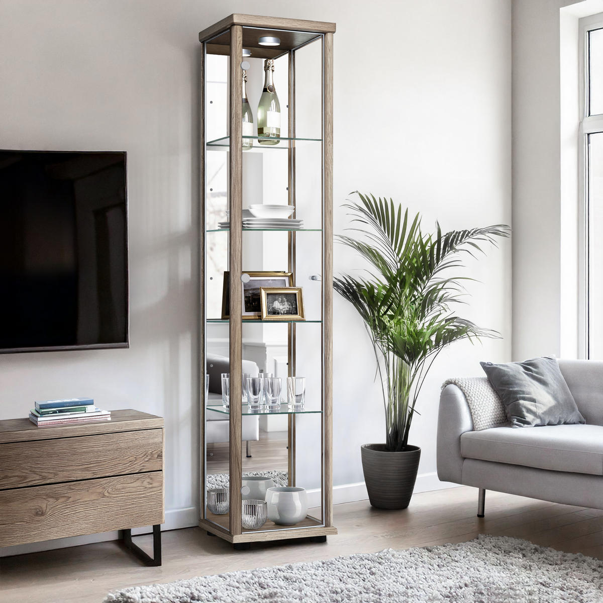 GLASVITRINE 33/37/176 cm mit Spiegel, LED & 4 höhenverstellbaren Glasböden - Transparent/Silberfarben, Glas/Holzwerkstoff (37/176/33cm) - K-Möbel