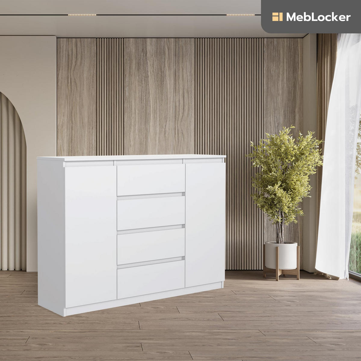 KOMMODE mit 4 Schubladen 2 Schranktüren 140 cm Weiß - Weiß, Holzwerkstoff (138.6/101.5/39cm) - MebLocker