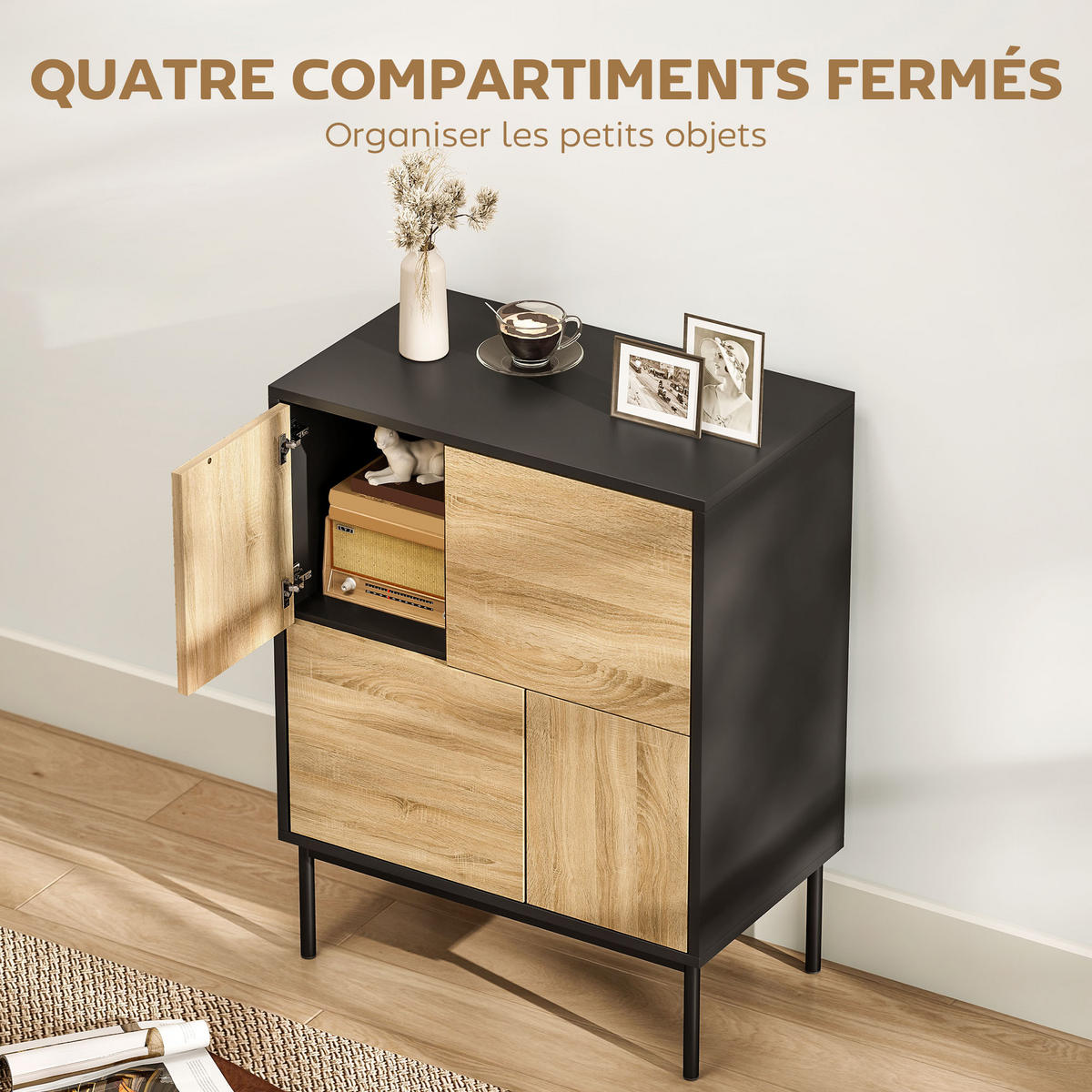 SIDEBOARD Schwarz und Natur, 4 Türen, 60/35/78 cm - Schwarz, Holz (60/78/35cm) - PANGIVO