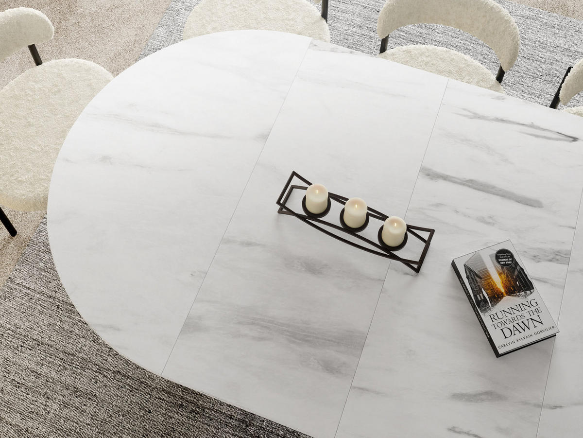 ESSTISCH Naro rund ausziehbar mit Weißem Lamellen-Metallgestell, Marmor Weiß 120-200/120/76 cm - Ecru/Weiß, Holzwerkstoff/Metall (120/120/76cm) - WFL GROUP