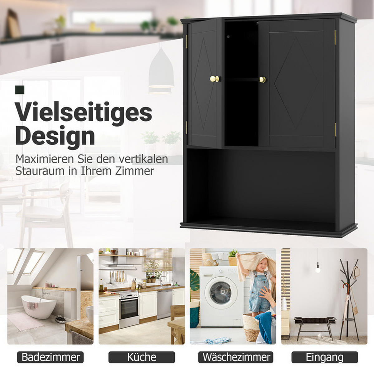 BAD-HÄNGESCHRANK mit 2 Türen schwarz - Schwarz, Holzwerkstoff (55.5/75/21cm) - COSTWAY