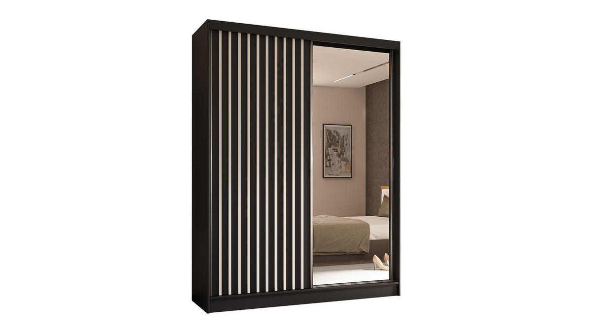 KLEIDERSCHRANK mit Spiegel-Schiebetüren und Aluminium-Leisten - LAMELO - 160 cm Schwarz+Schwarz+Weiß - Schwarz/Weiß, Holzwerkstoff (160/216/61cm) - ALTDECOR