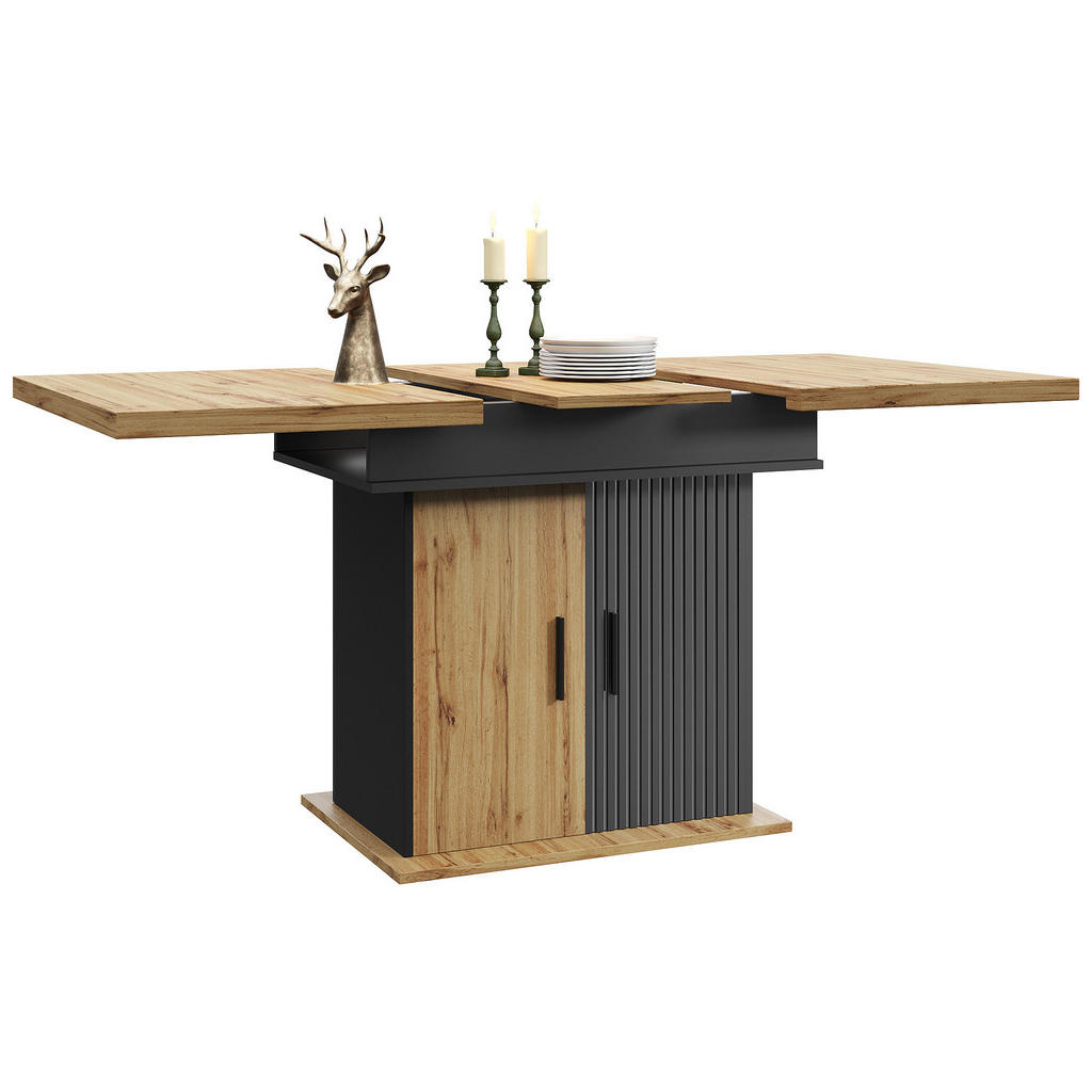 Modfu JÍDELNÍ stůl z MDF 110-140x80x75 cm černá/přírodní rozkládací s úložným prostorem a nastavitelnými policemi