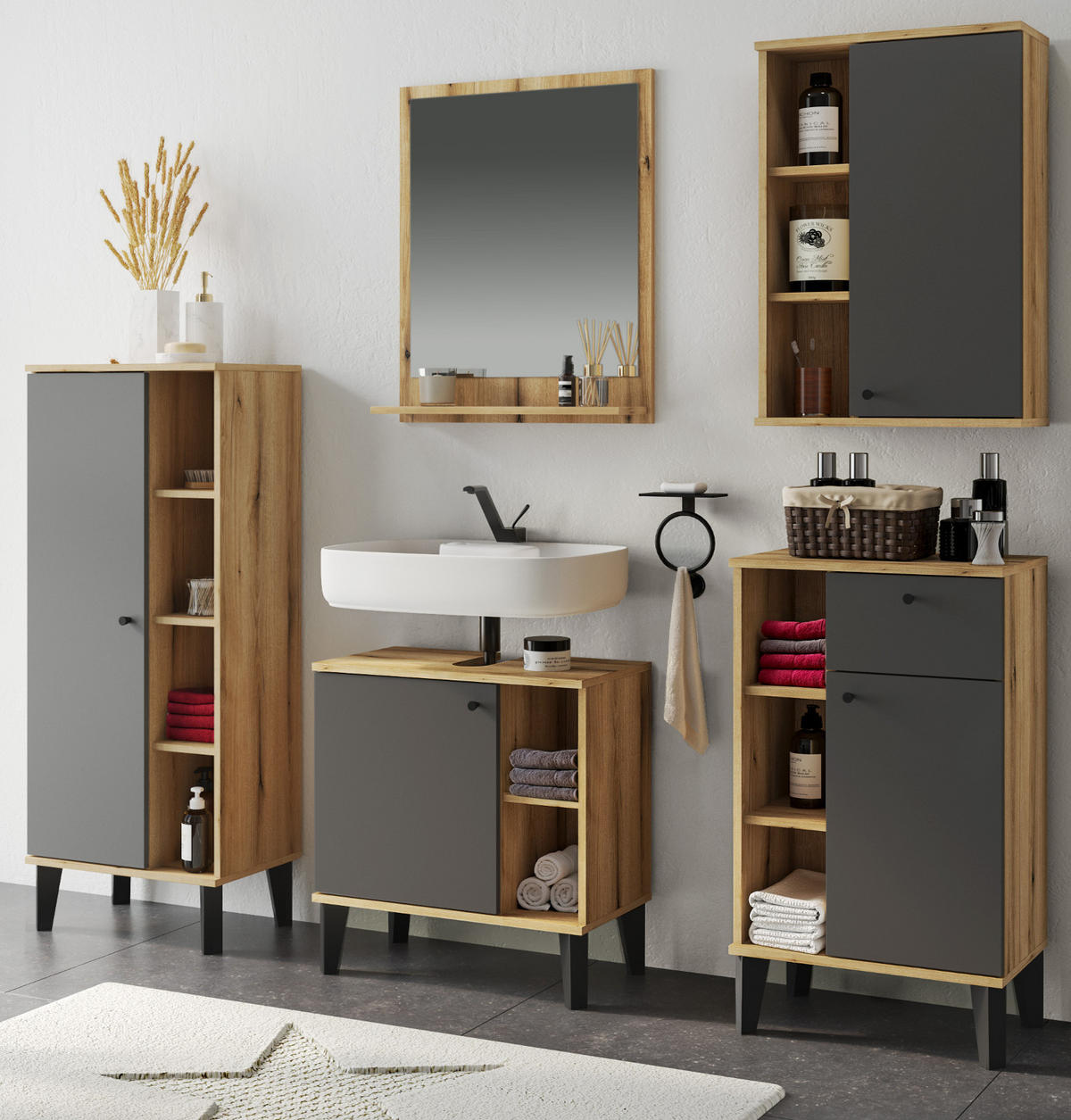 BADMÖBEL-SET 5-teilig grau, Evoke Eiche, Badkombination, 182 x 190 cm - Eichefarben/Grau, Glas/Holzwerkstoff (182/190/33cm) - Furn.Design