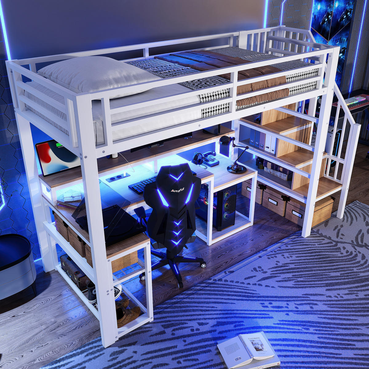 HOCHBETT aus Metall und MDF 90x200 cm Weiß mit LED-Beleuchtung, USB-Anschluss, Schreibtisch und Stauraumtreppe - Weiß, Metall (90/190cm) - Modfu