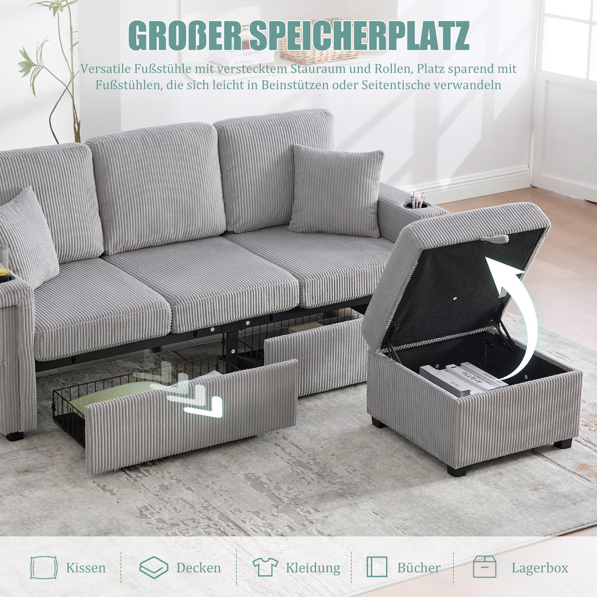 MODULARES Sofa Corduroy mit LED und USB-Anschluss Stauraum und Taschen 194/73/81 cm Hellgrau - Hellgrau, Textil (73/194cm) - Redom