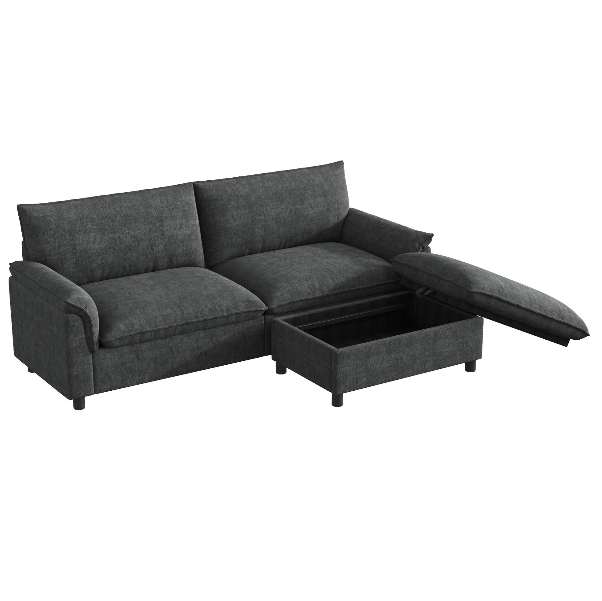 SOFA 216/77/82 cm Schwarz aus Chenille mit Fußhocker und Stauraum - Schwarz, Textil (77/82/216cm) - OKMYHOME