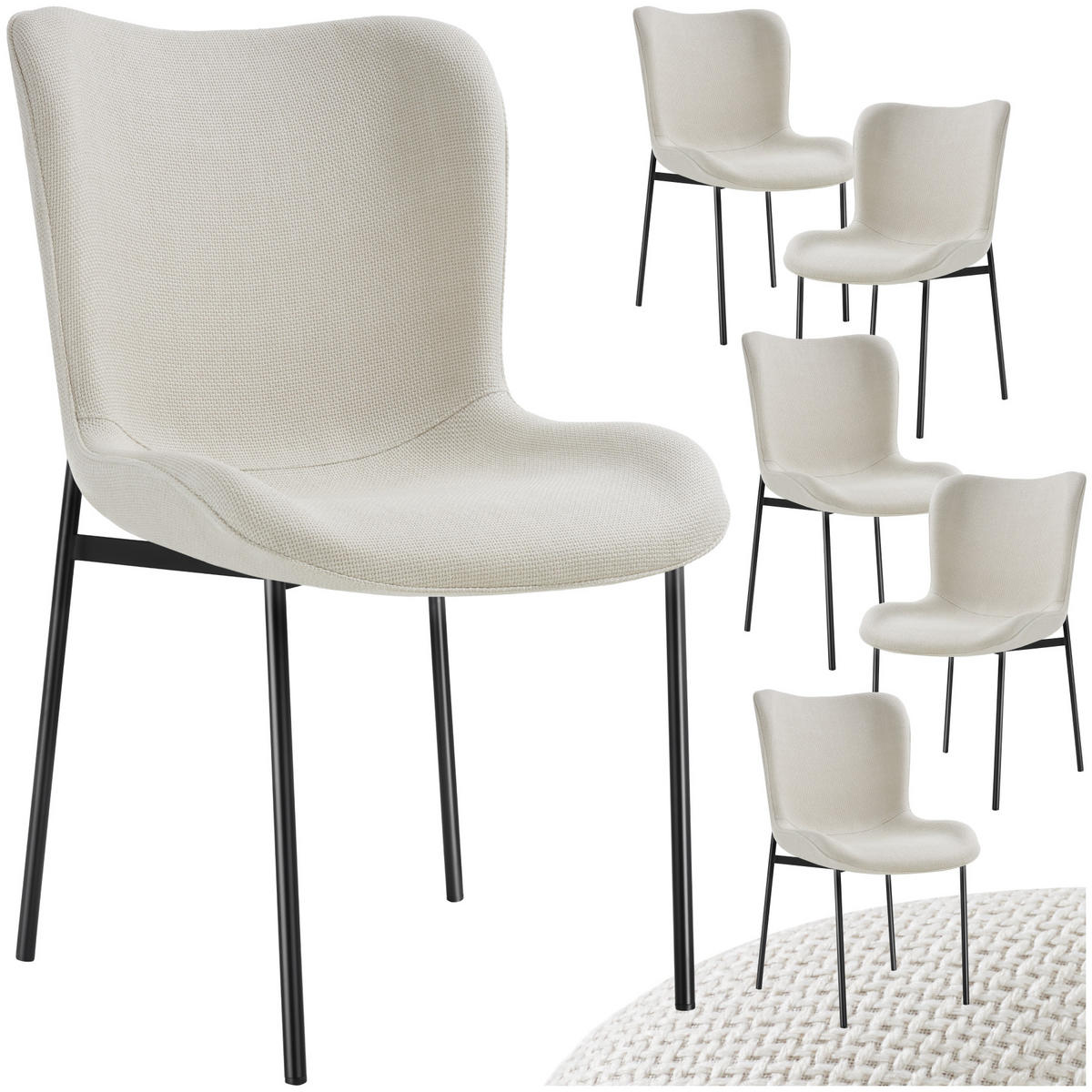 POLSTERSTUHL 6er Set Tessa 54 x 62 x 90 cm Webstoff off-white/schwarz - Schwarz/Weiß, Textil (54/90/62cm) - tectake