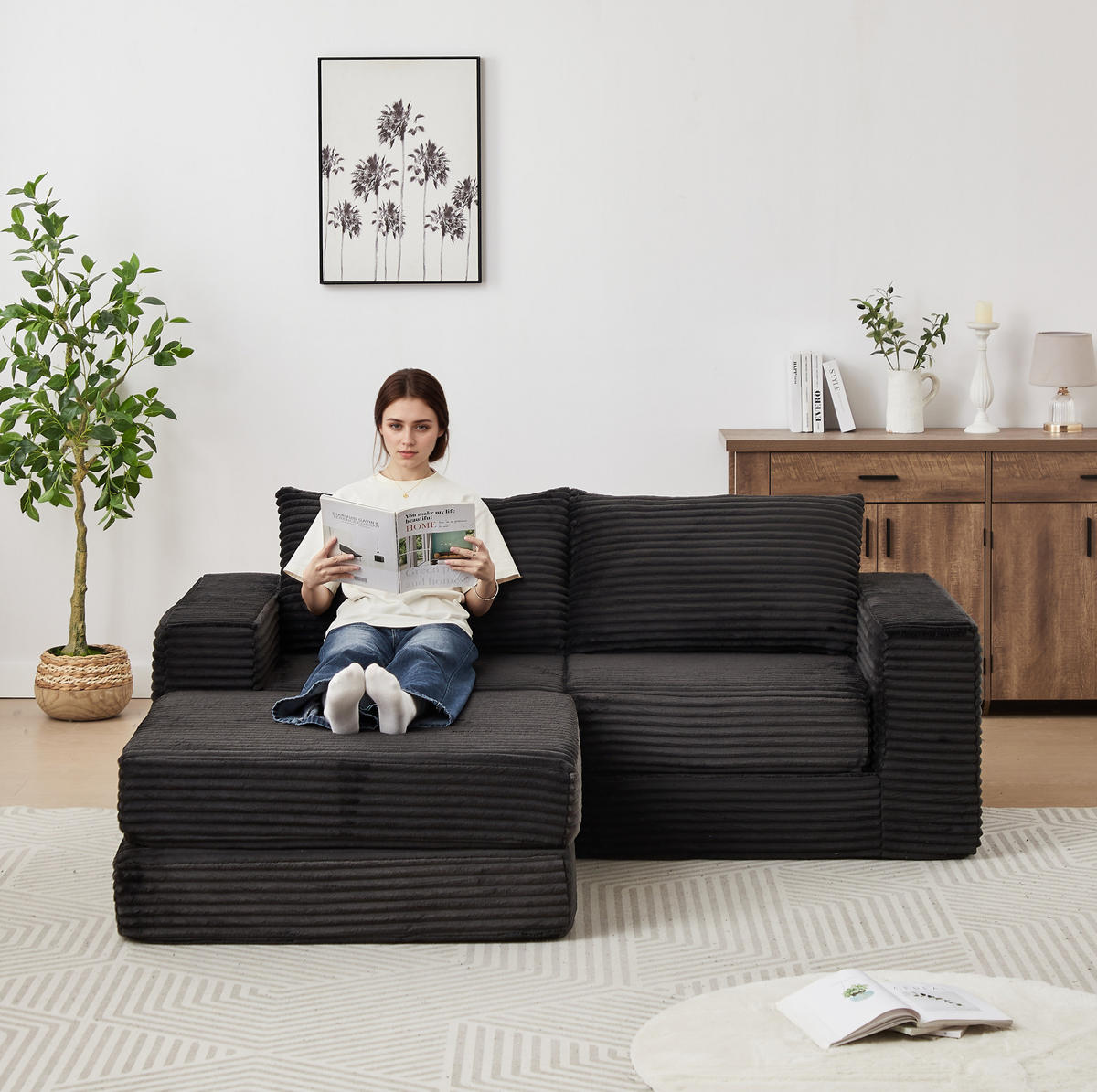 SOFA-BETT modular Cord Black mit beweglicher Fußstütze - Schwarz, Kunststoff (169.5/194cm) - Meubliv