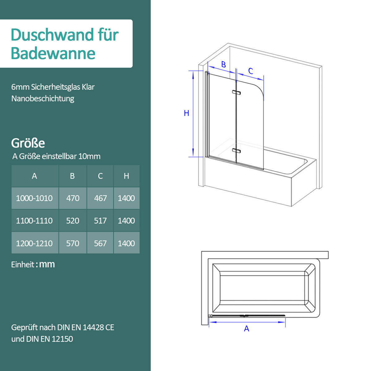 DUSCHWAND für Badewannen Faltbar mit Schwenkfunktion 140/100 cm - Transparent, Glas (100/140cm) - EMKE