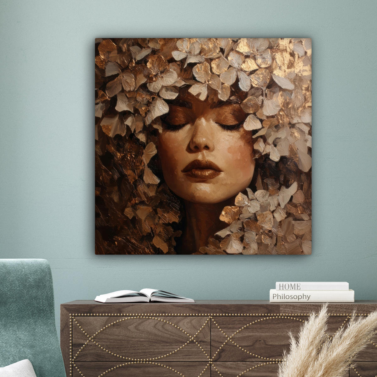 LEINWANDBILD Gesicht - Dame - Blätter - Pinselstriche Deko Groß 90x90 cm - Goldfarben, Textil (90/90cm) - MuchoWow