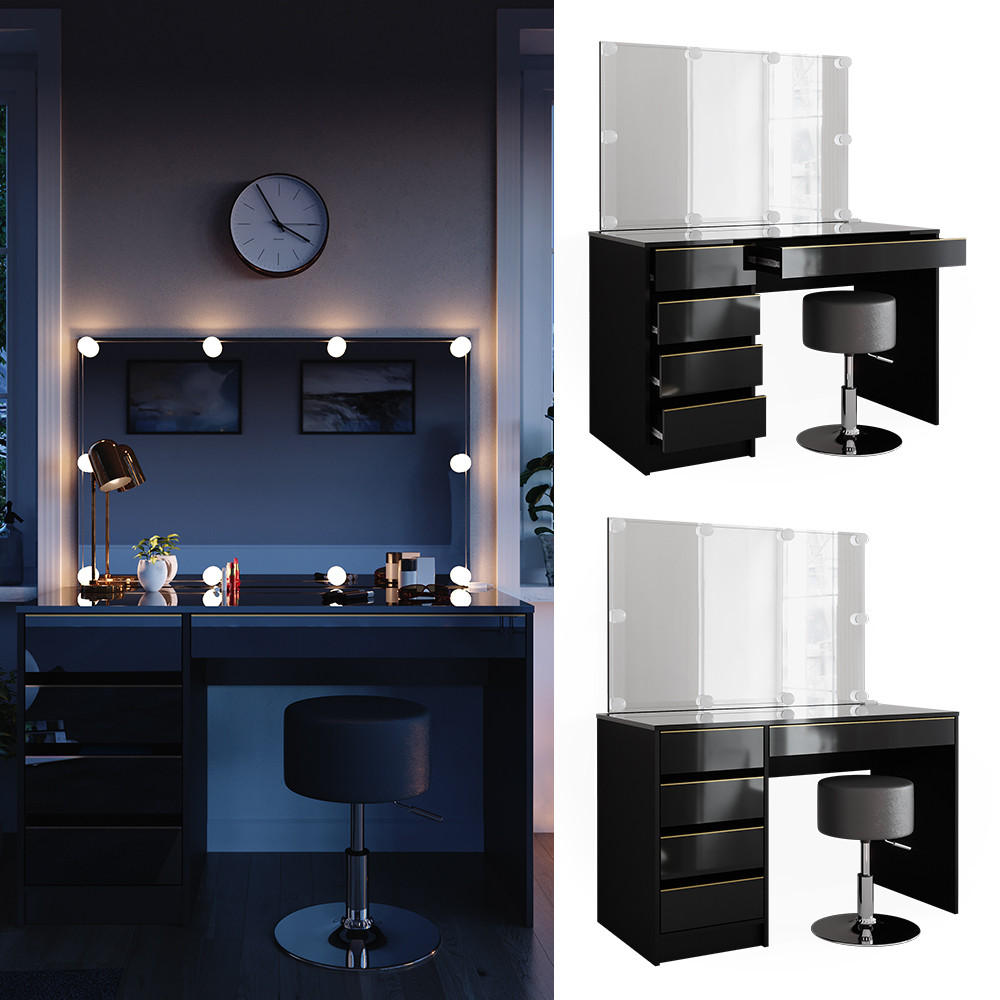 SCHMINKTISCH Sherry Schwarz/Gold 120 cm mit LED Beleuchtung und Hocker - Goldfarben/Schwarz, Holzwerkstoff (120/75/55cm) - Vicco
