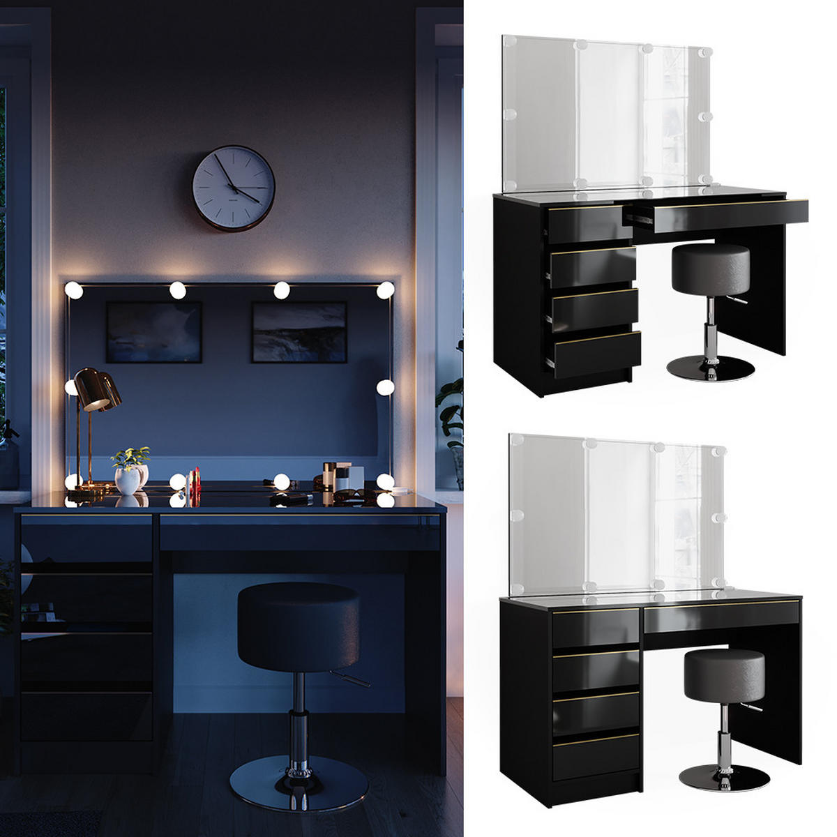 SCHMINKTISCH Sherry Schwarz/Gold 120 cm mit LED Beleuchtung und Hocker - Goldfarben/Schwarz, Holzwerkstoff (120/75/55cm) - Vicco