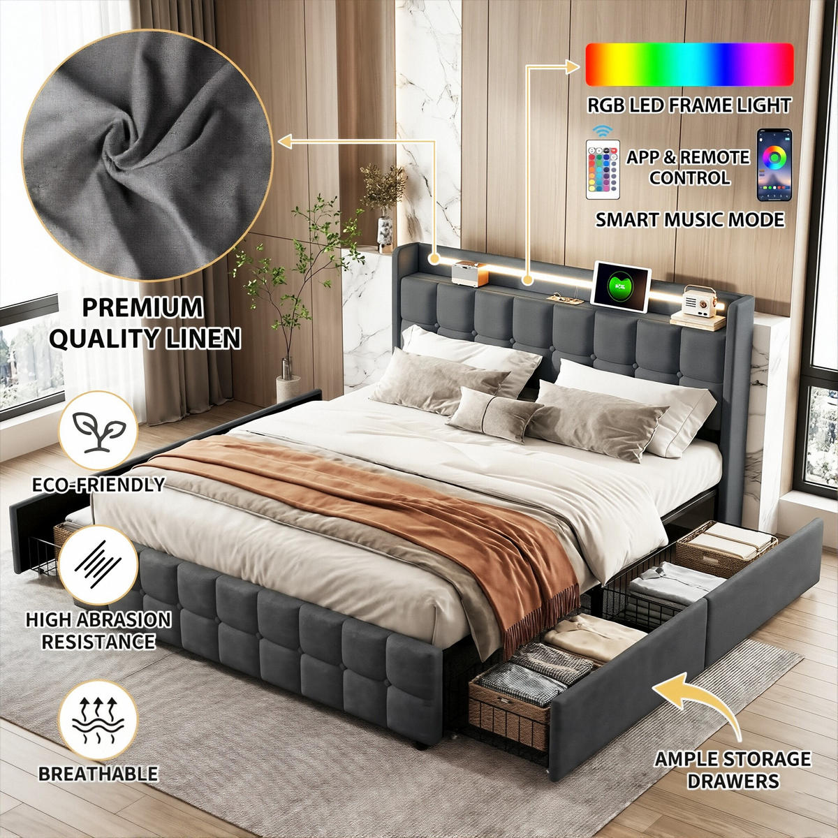 POLSTERBETT Geometrisch 160/200 cm mit 4 Schubladen & LED Leinenoptik Grau - Grau, Textil (160/200cm) - Creahappy