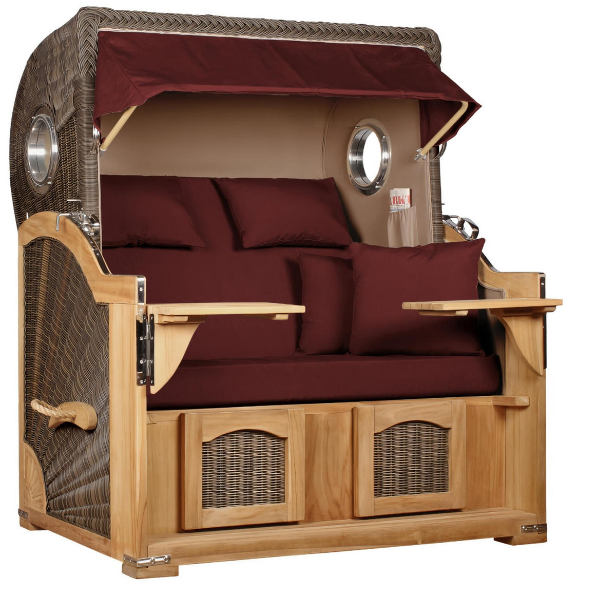 STRANDKORB Düne Grande Bullauge Teak PE Grey Dessin 550 - Rot/Braun, Metall (142/170/95cm) - Mr. Deko