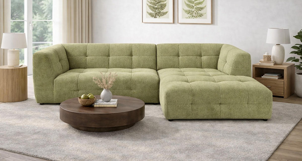 SOFA grün Webstoff 292 x 161 cm, Ecksofa 5-Sitzer, L-Sofa Ottomane rechts - Grün, Holz/Textil (292/161cm) - Inn.Furn