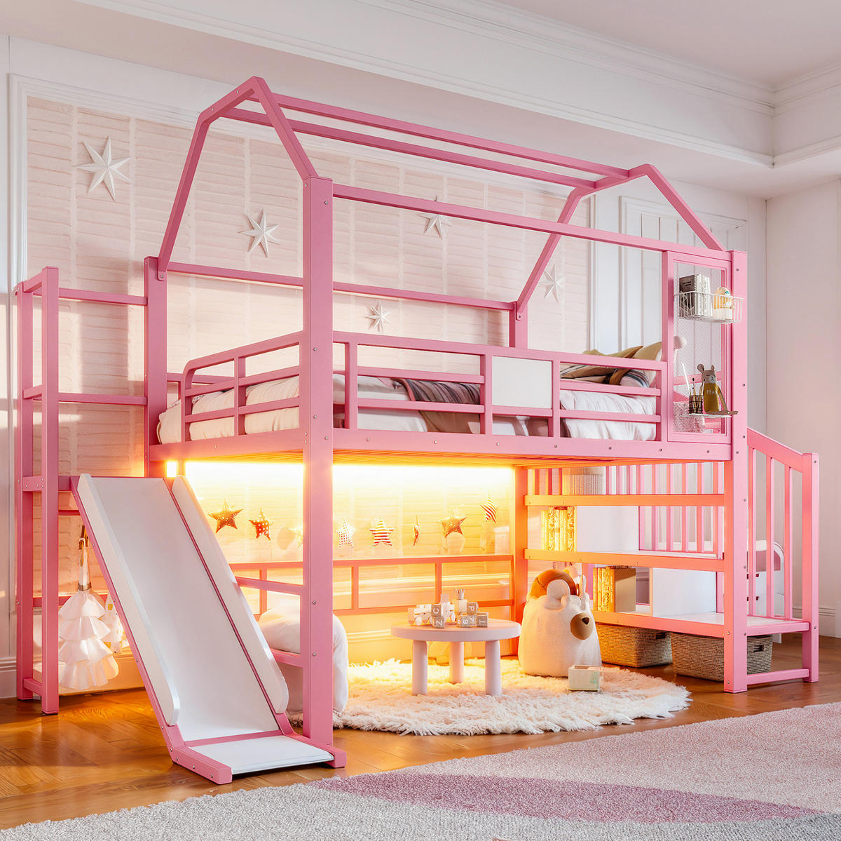 KINDERHOCHBETT MDF & Metall 140x200 cm Pink im Hausdesign mit Rutsche, Treppe mit Ablagen und LED-Beleuchtung - Pink, Holzwerkstoff (140/200cm) - Modfu