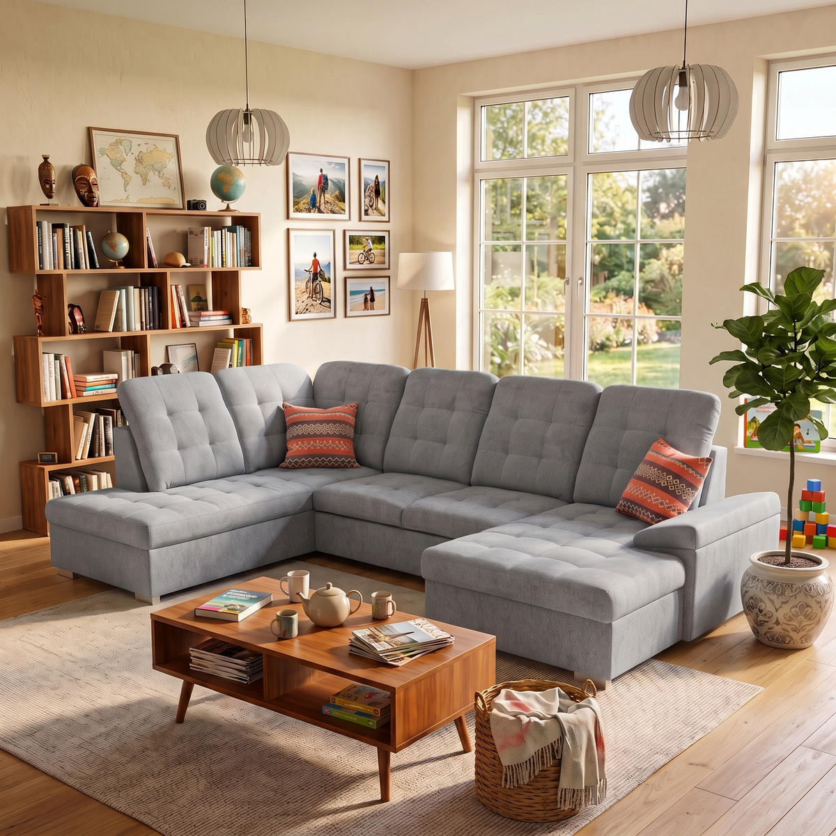 ECKSOFA U-Form OLIVIA U Links mit Schlaffunktion 124x257 Velours Hellgrau - Silberfarben/Hellgrau, Holz/Kunststoff (320/103/202cm) - Muffo