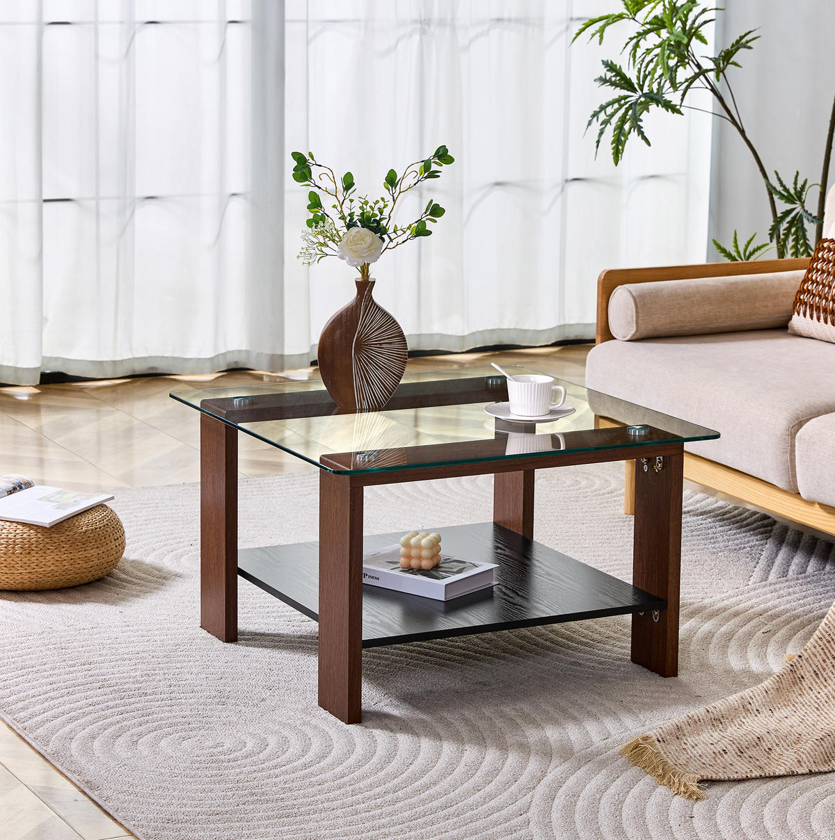 COUCHTISCH 75/75/45,5 cm walnussfarben aus MDF und Glas mit Ablage - Walnussfarben, Holzwerkstoff (75/75/45.5cm) - OKWISH