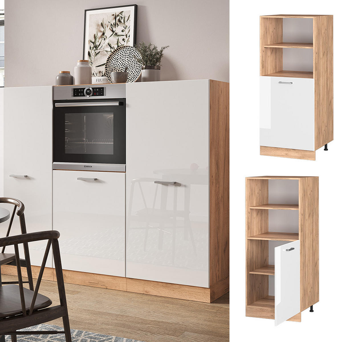 HERDUMBAUSCHRANK R-Line Weiß Hochglanz 60 cm - Honigeiche/Weiß Hochglanz, Holzwerkstoff (60/143/57cm) - Vicco