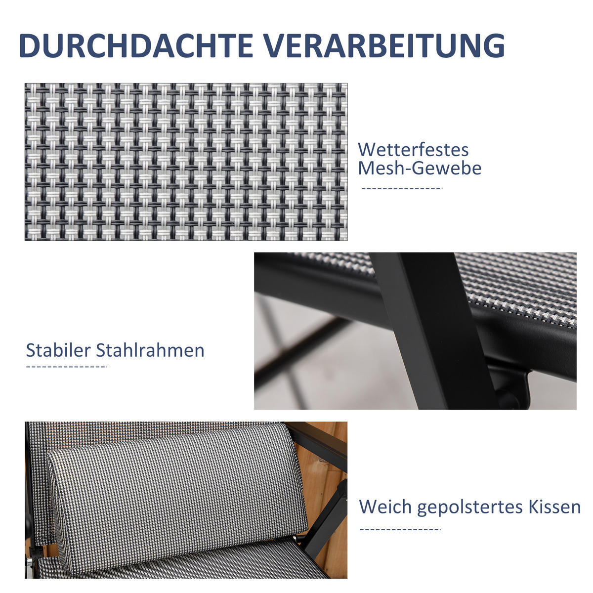 GARTENLIEGE, verstellbar, 70 x 65 x 111 cm, Textilene, Stahl, Schwarz - Schwarz, Kunststoff (70/111/65cm) - Outsunny