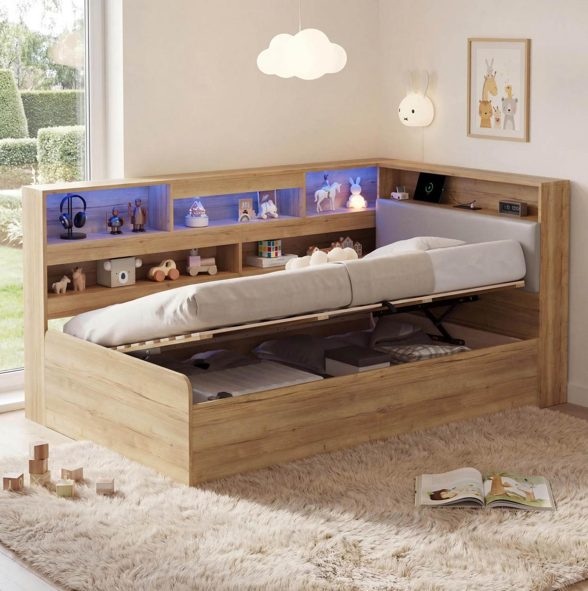DETSKÁ posteľ 90/200 cm prírodná s hydraulickým úložným priestorom LED a USB z MDF - prírodná farba, kompozitné drevo (90/200cm) - OKWISH