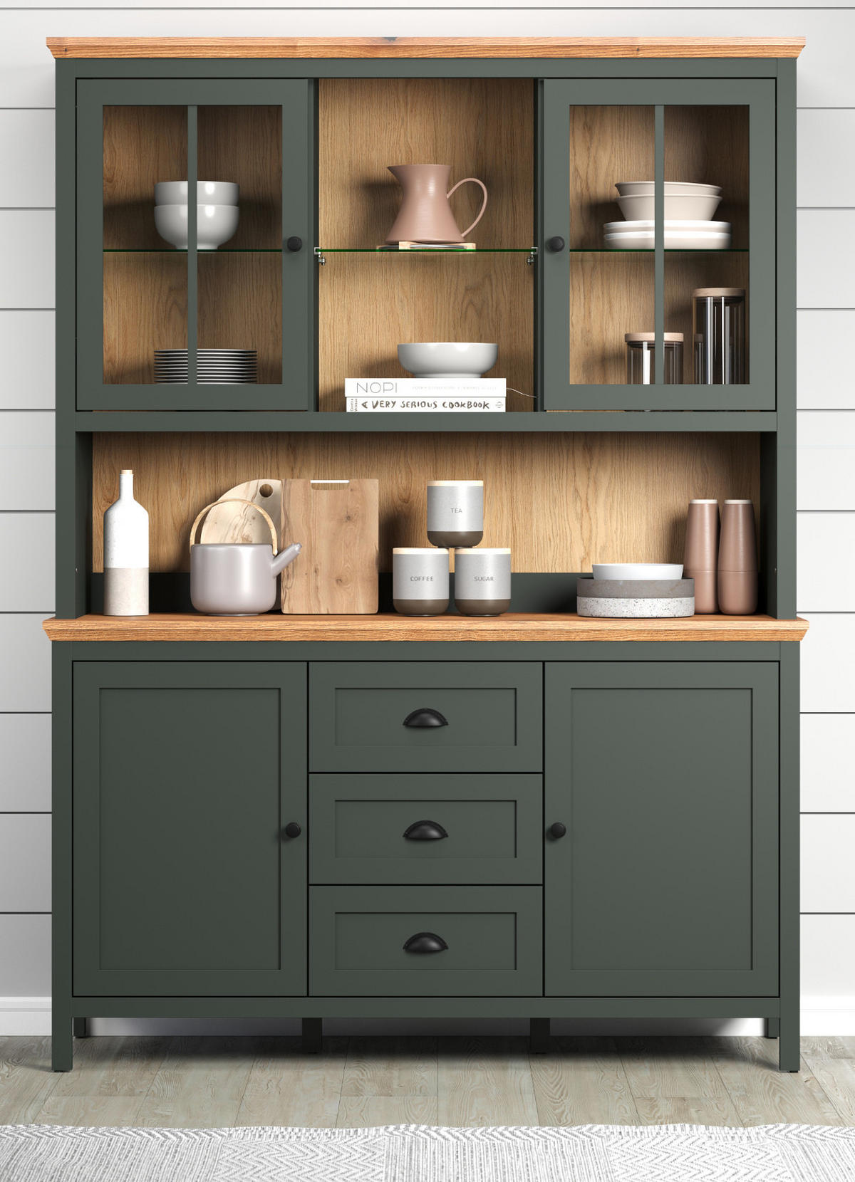 BUFFETSCHRANK grün, Evoke Eiche Landhaus 146 x 198 cm, Vitrine inklusive LED - Eichefarben/Schwarz, Glas/Holzwerkstoff (45/198/146cm) - Top.Furn