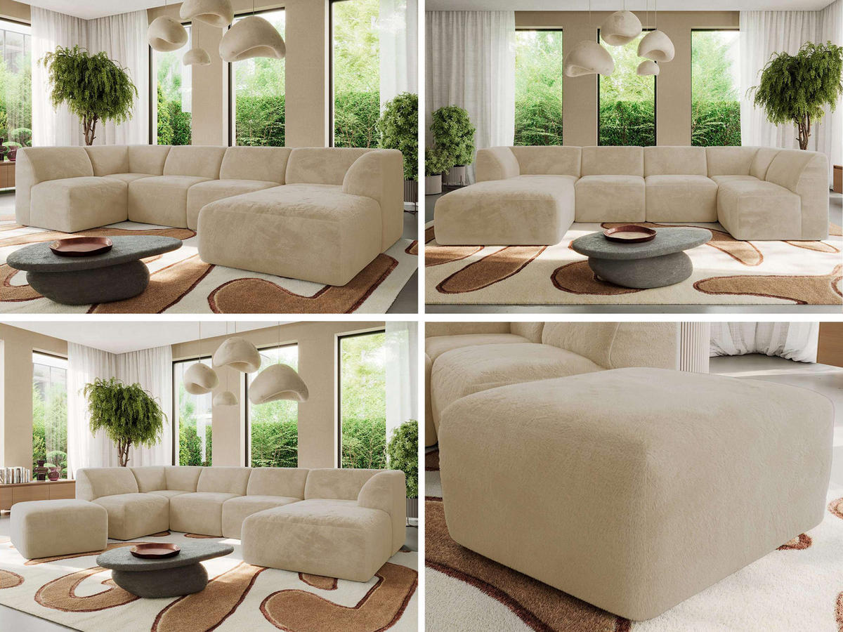 WOHNLANDSCHAFT MODARO U 6M - Creme Plüsch - Rechts - Creme/Schwarz, Textil (345/78/180cm) - MKS