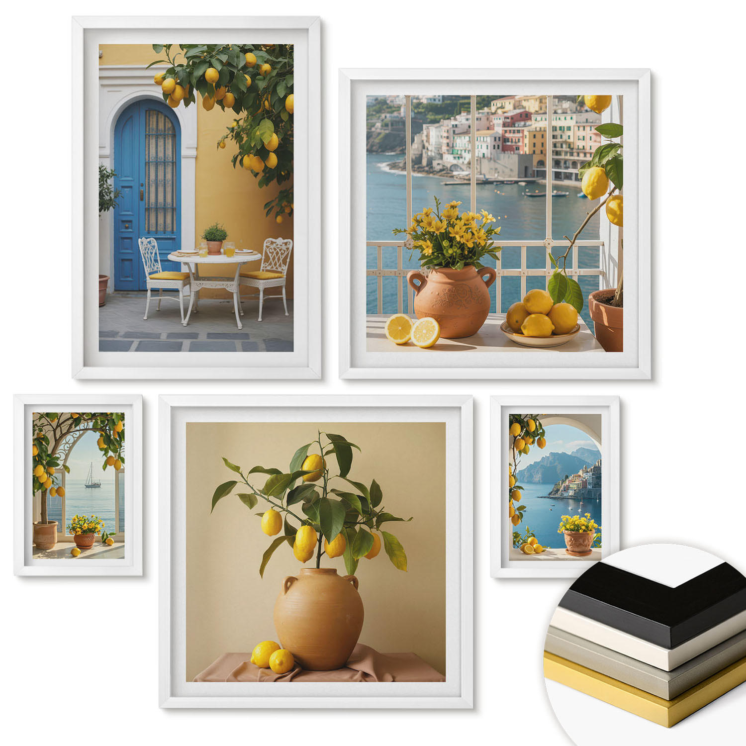 WANDBILDER 5er-Set - 50x50 cm & 20x30 cm & 40x60 cm Weißer Rahmen - Meereslandschaften, Zitronen, Fenster - Weiß, Kunststoff (40/60cm) - ArtPrintCave