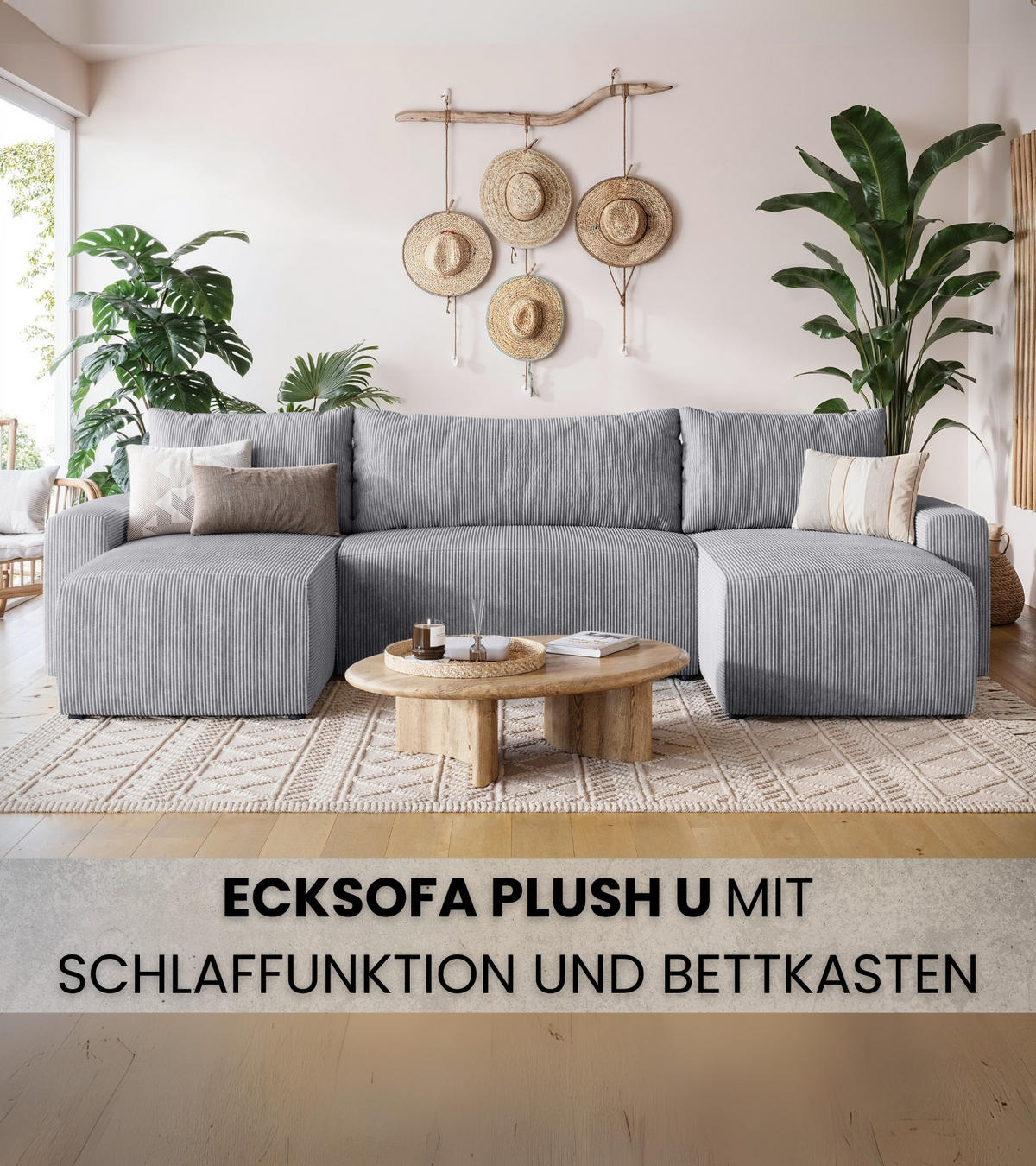 WOHNLANDSCHAFT Plush mit Schlaffunktion Hellgrau Cord - Hellgrau, Kunststoff/Textil (315/72/145cm) - Bromarkt
