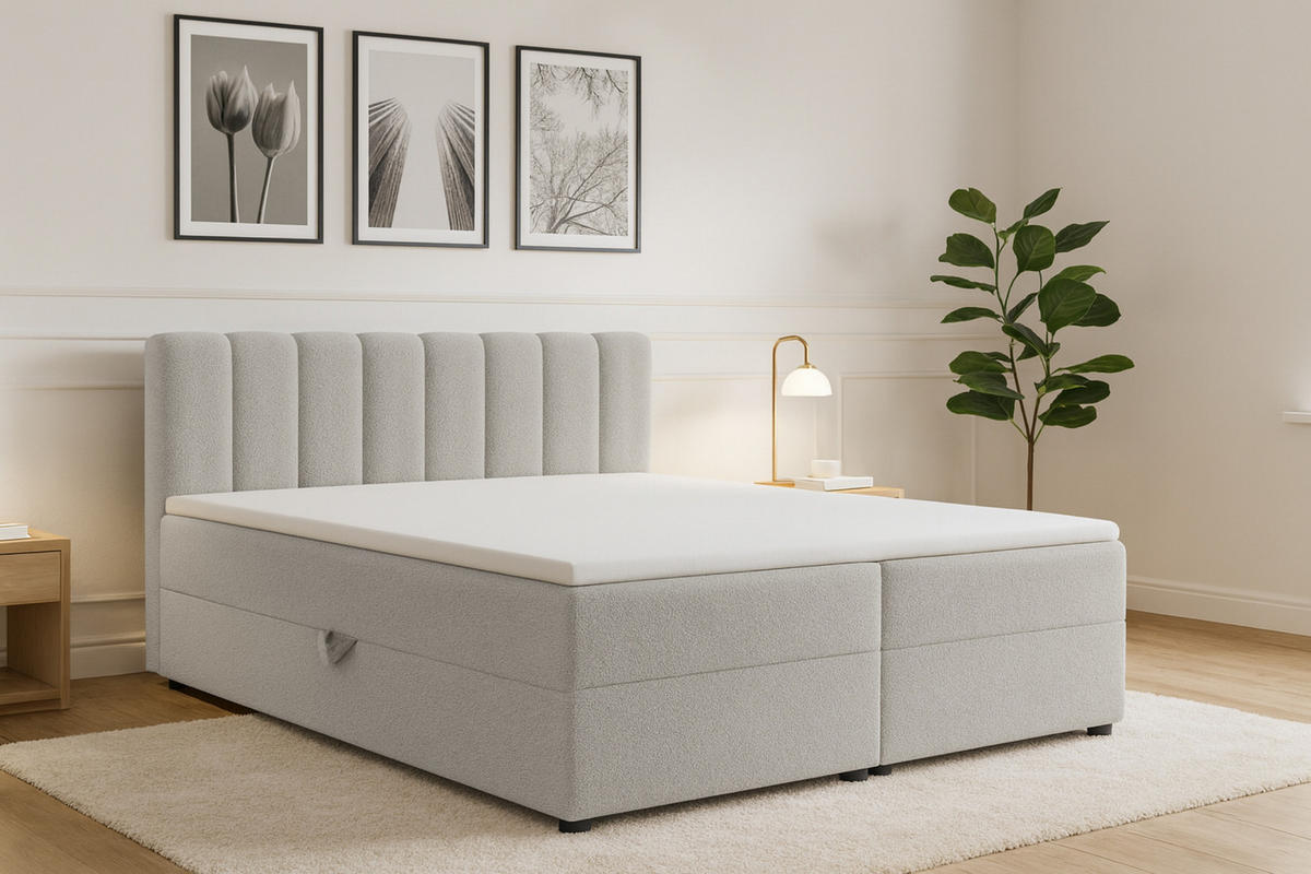 BOXBETT VANESSA 140/200 in Boucle Hellgrau H4 - Hellgrau, Holz/Holzwerkstoff (140/200cm) - Deine Möbel 24