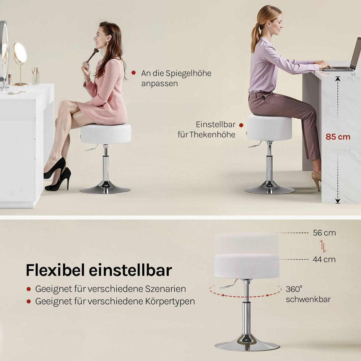 SITZHOCKER rund, drehbar, Cord-Sitzfläche, Weiß - Silberfarben/Weiß, Textil/Metall (38.5/56/38.5cm) - Woltu