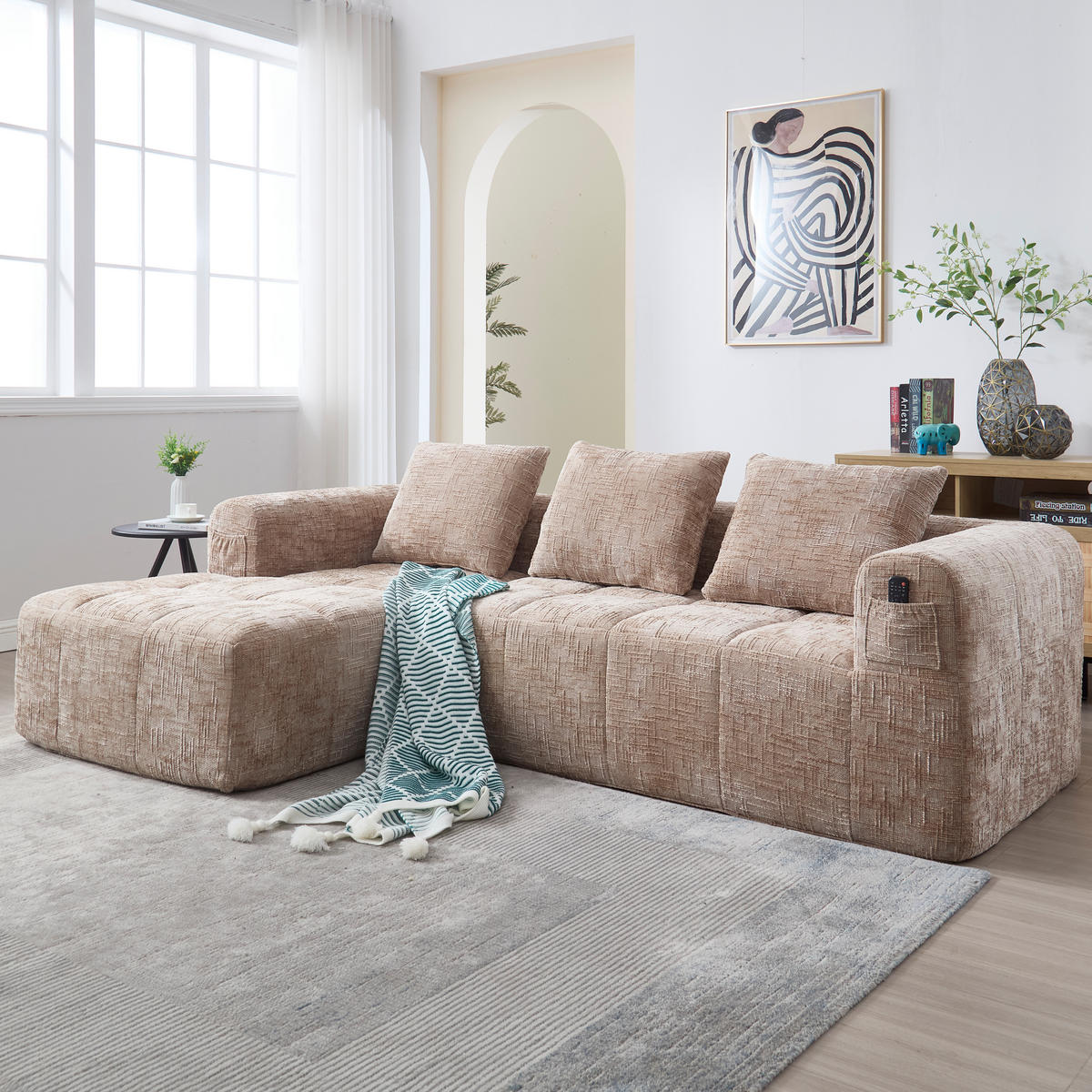 ECKSOFA Chenille Khaki mit Kissen und Seitentaschen - Hellbraun, Textil (250/158cm) - WISHDOR