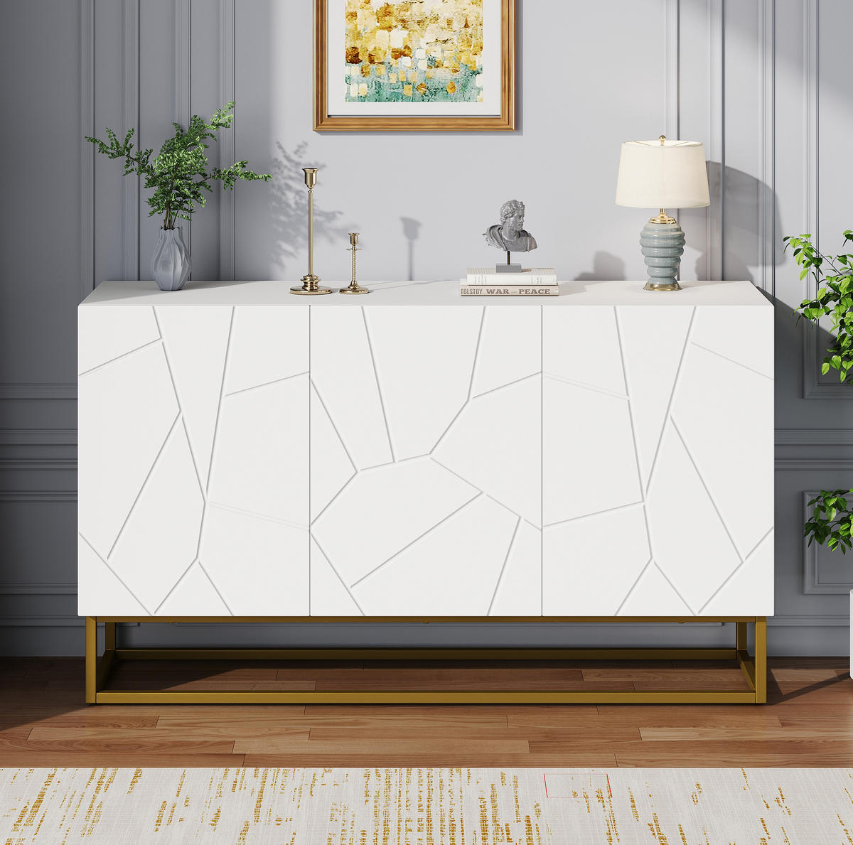 PŘÍBORNÍK z dřevotřísky 130x38x76 cm bílý/zlatý s nastavitelnými policemi a vysokým leskem - bílá, kompozitní dřevo (130/76/35cm) - Modfu