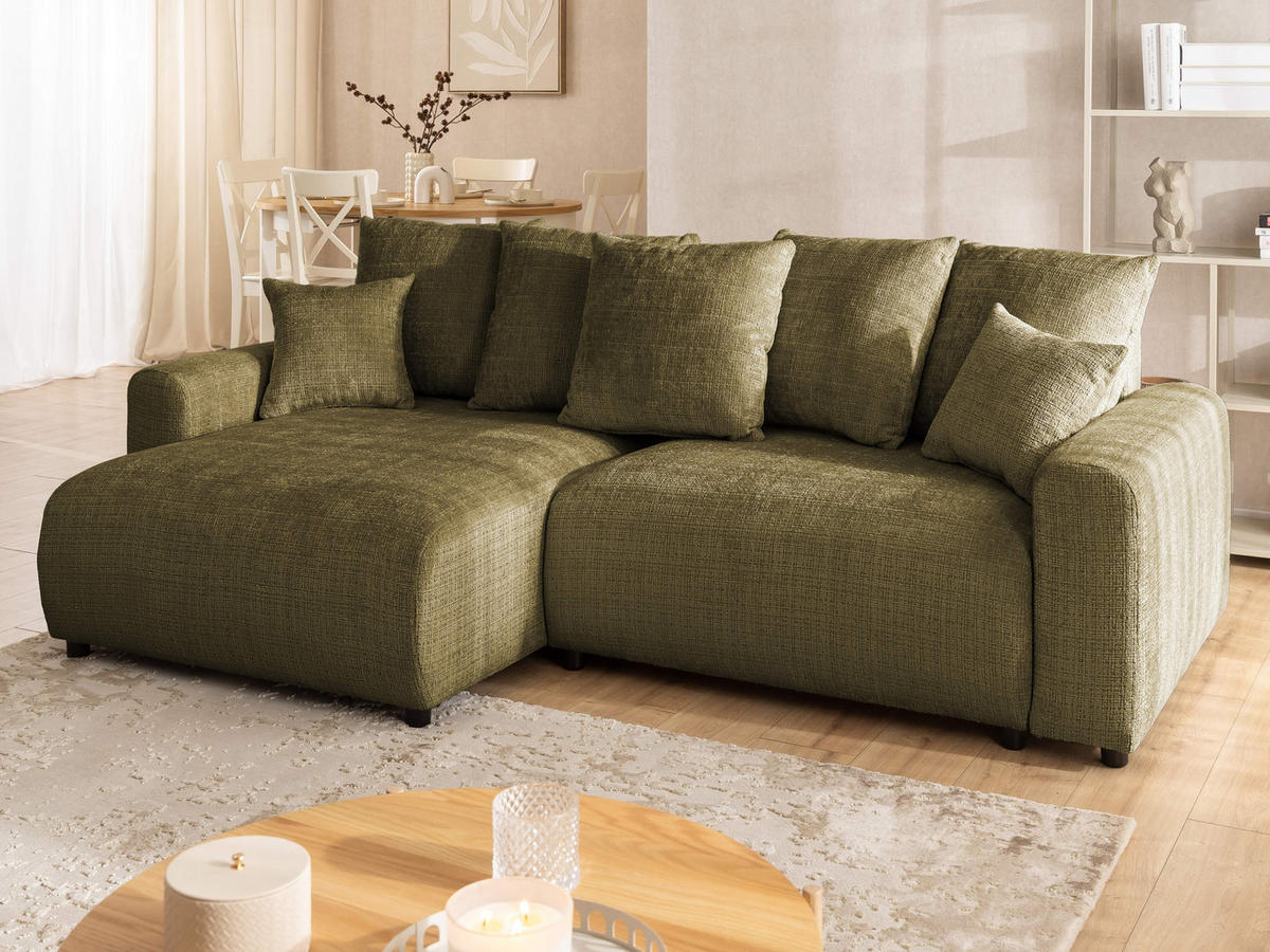 ECKSOFA Calma mit Schlaffunktion und Bettkasten im Bumpy-Design aus weichem Grün Chenille-Stoff - Ottomane links - Beige/Schwarz, Holz/Kunststoff (140/239cm) - S-Style Möbel